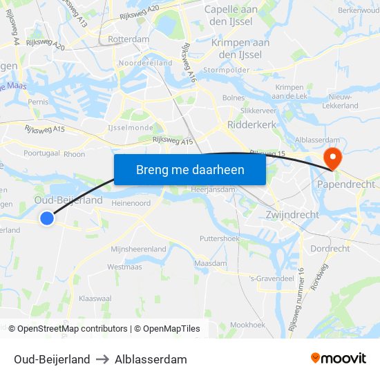 Oud-Beijerland to Alblasserdam map