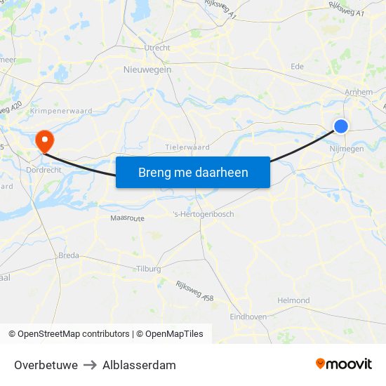 Overbetuwe to Alblasserdam map
