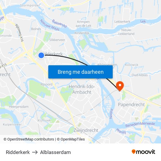 Ridderkerk to Alblasserdam map