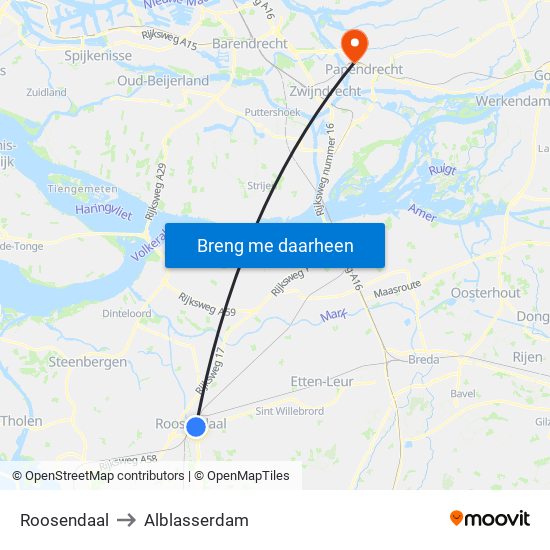 Roosendaal to Alblasserdam map