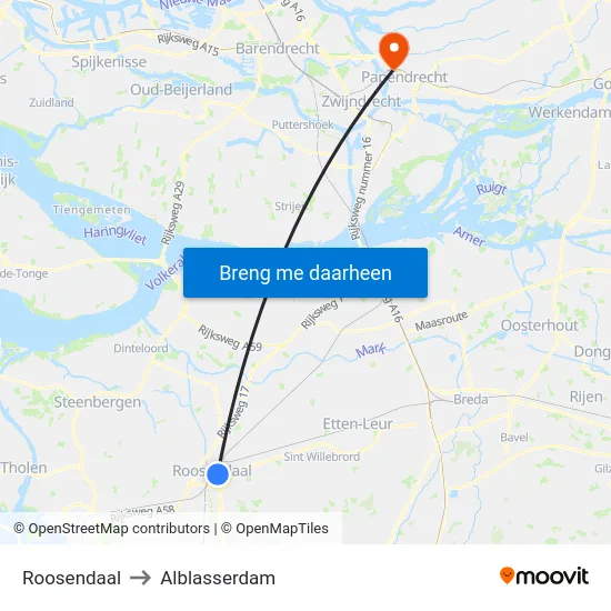 Roosendaal to Alblasserdam map
