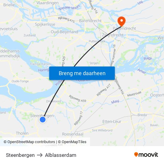 Steenbergen to Alblasserdam map