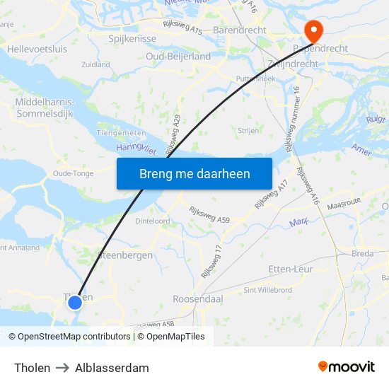 Tholen to Alblasserdam map