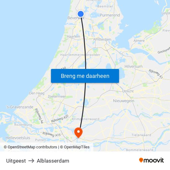 Uitgeest to Alblasserdam map