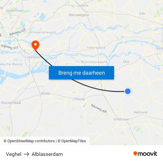 Veghel to Alblasserdam map