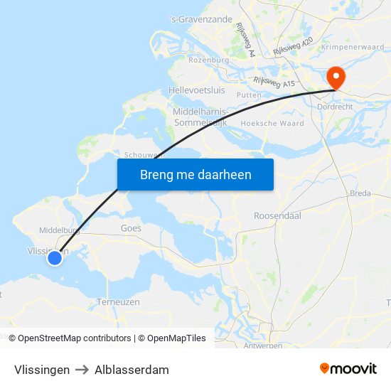 Vlissingen to Alblasserdam map