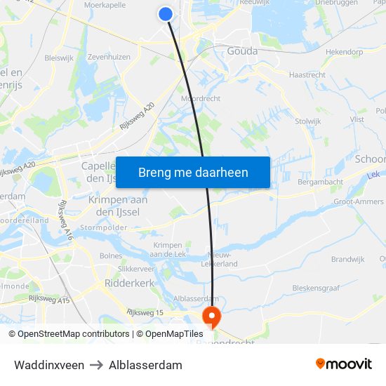 Waddinxveen to Alblasserdam map