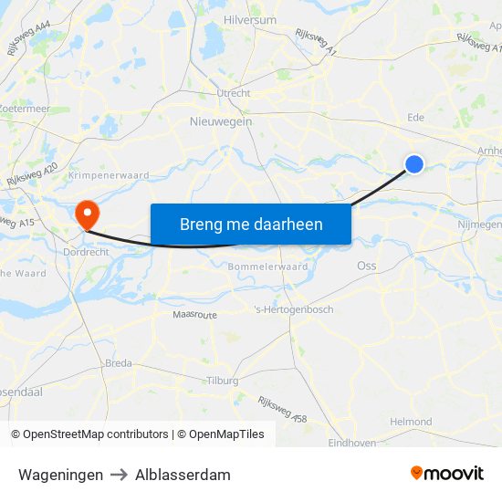 Wageningen to Alblasserdam map