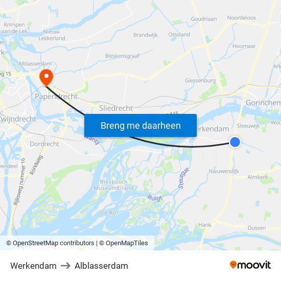 Werkendam to Alblasserdam map