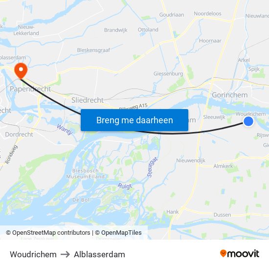 Woudrichem to Alblasserdam map