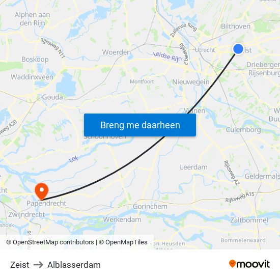 Zeist to Alblasserdam map