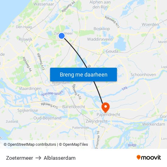 Zoetermeer to Alblasserdam map