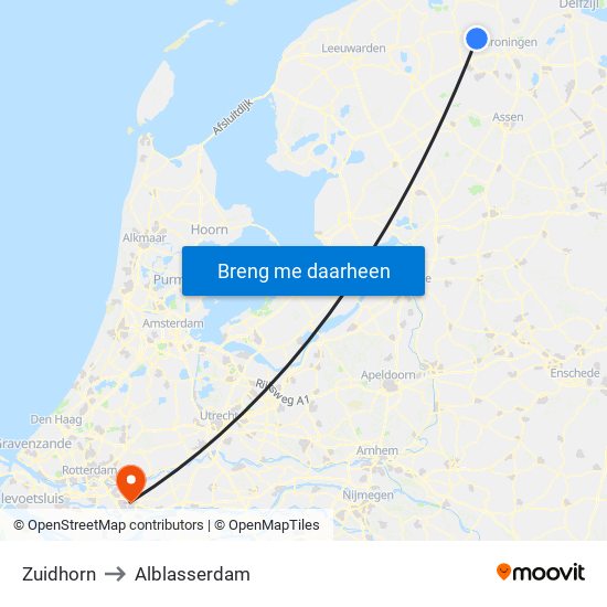 Zuidhorn to Alblasserdam map