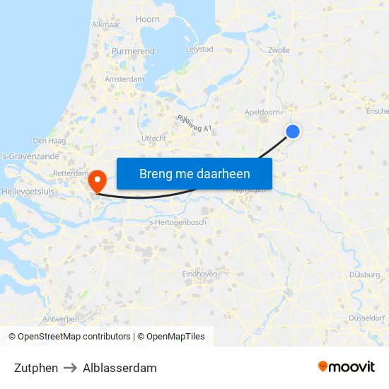 Zutphen to Alblasserdam map
