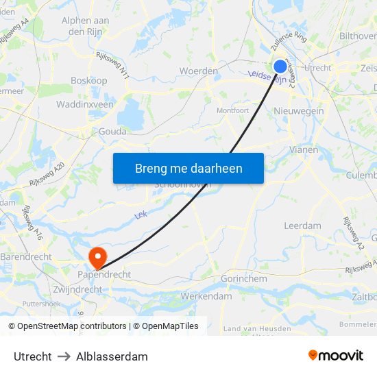 Utrecht to Alblasserdam map