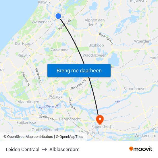 Leiden Centraal to Alblasserdam map