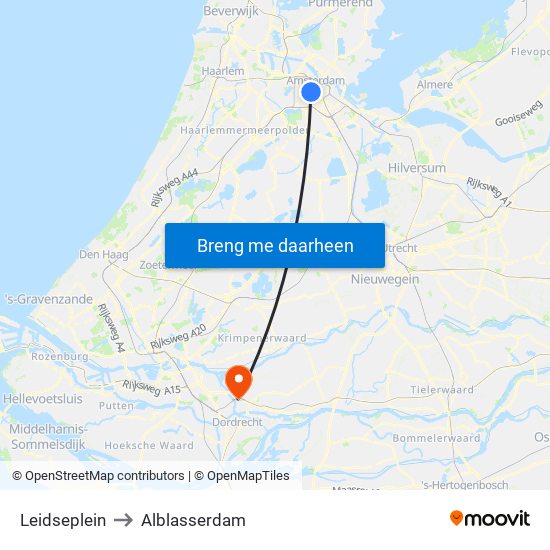Leidseplein to Alblasserdam map