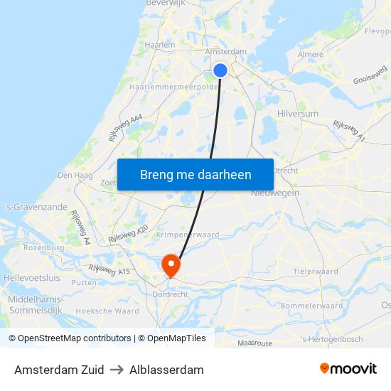 Amsterdam Zuid to Alblasserdam map