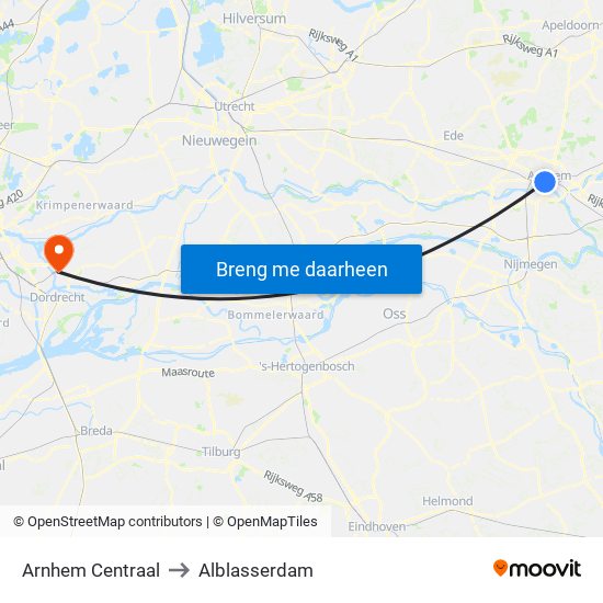 Arnhem Centraal to Alblasserdam map