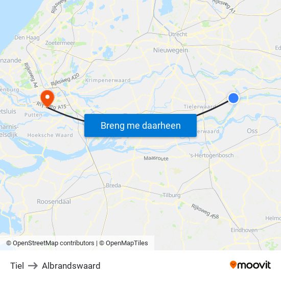 Tiel to Albrandswaard map