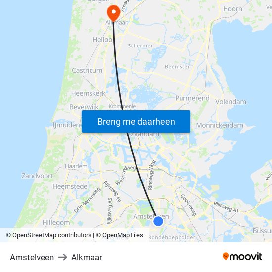 Amstelveen to Alkmaar map