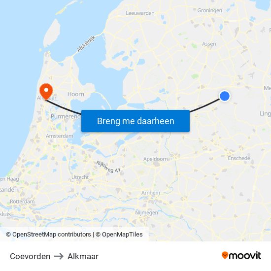 Coevorden to Alkmaar map