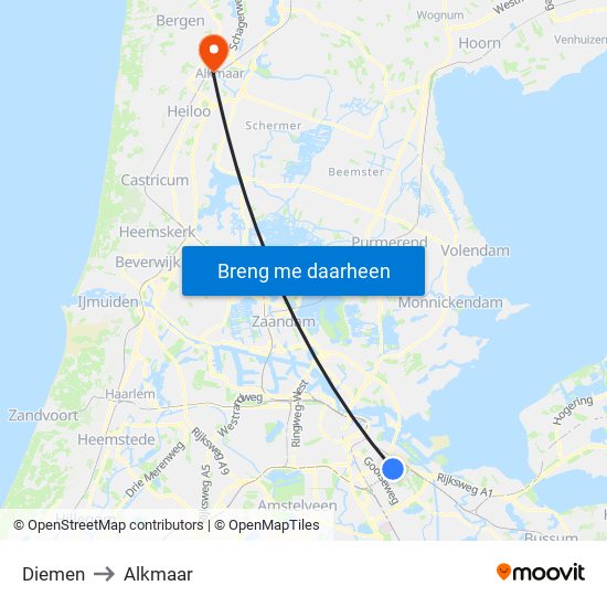 Diemen to Alkmaar map