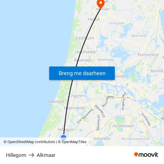 Hillegom to Alkmaar map