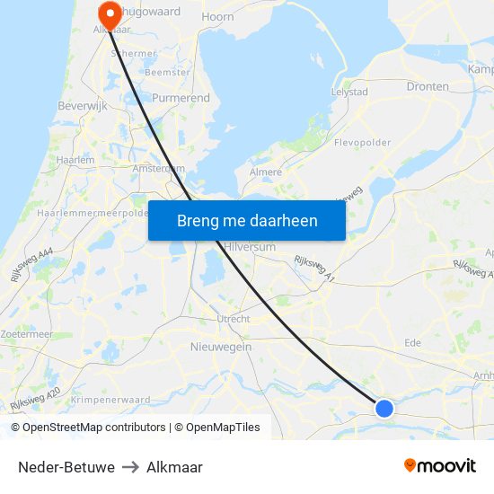 Neder-Betuwe to Alkmaar map