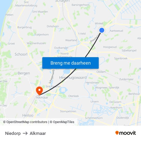 Niedorp to Alkmaar map