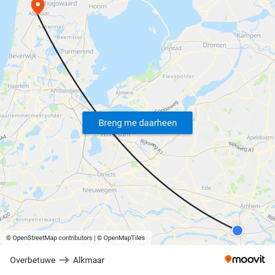 Overbetuwe to Alkmaar map