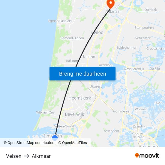 Velsen to Alkmaar map