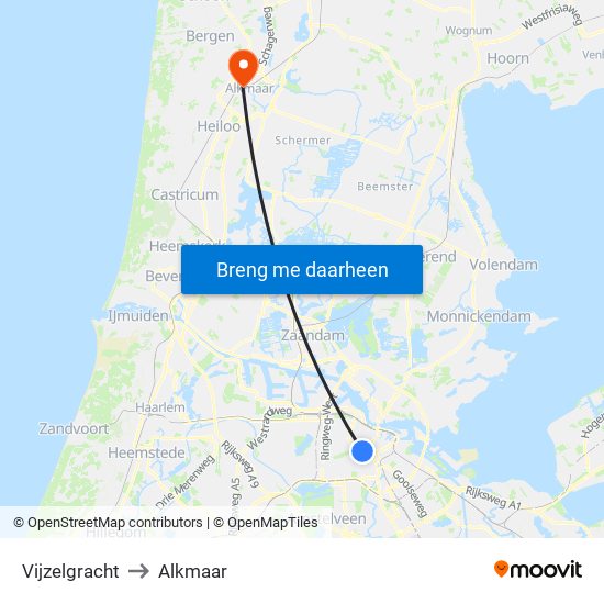 Vijzelgracht to Alkmaar map