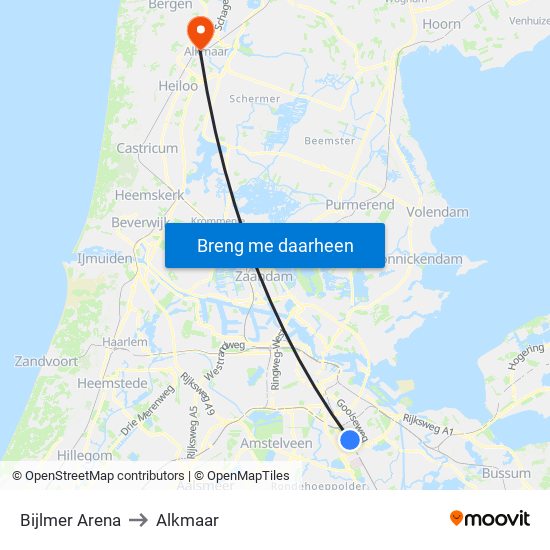 Bijlmer Arena to Alkmaar map