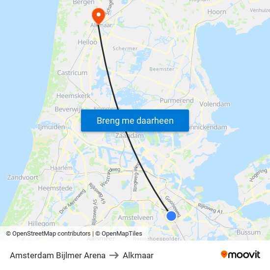 Amsterdam Bijlmer Arena to Alkmaar map