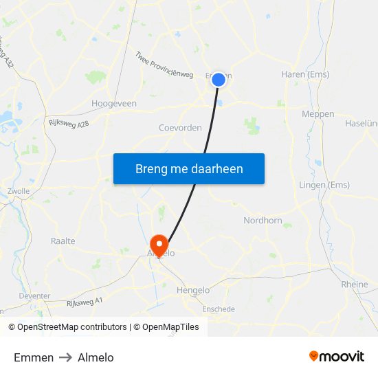 Emmen to Almelo map