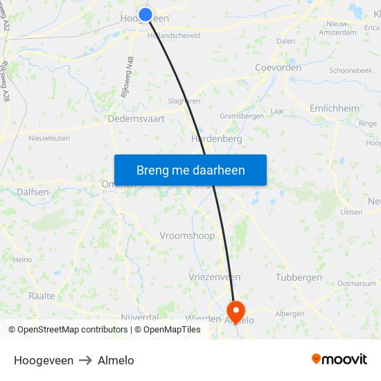 Hoogeveen to Almelo map