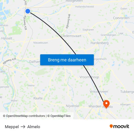Meppel to Almelo map