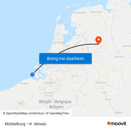 Middelburg to Almelo map