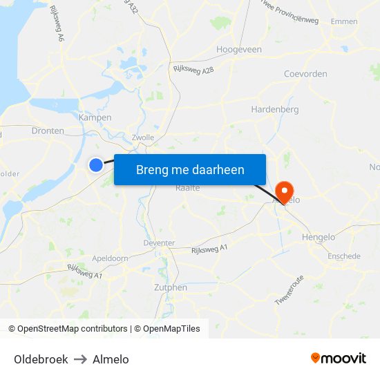 Oldebroek to Almelo map