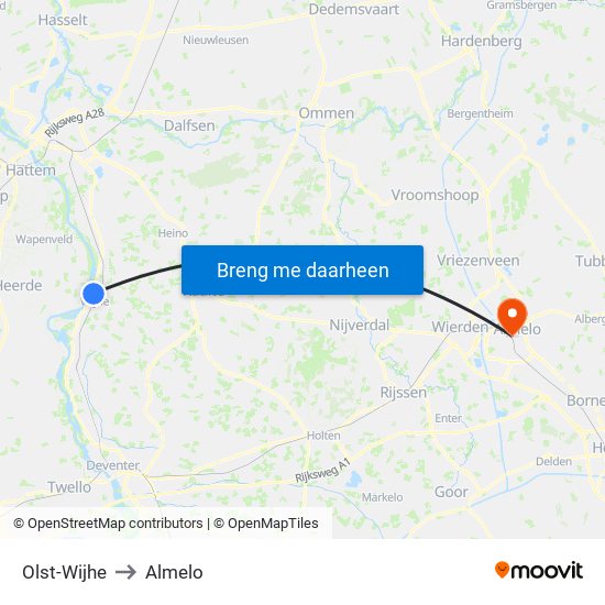 Olst-Wijhe to Almelo map