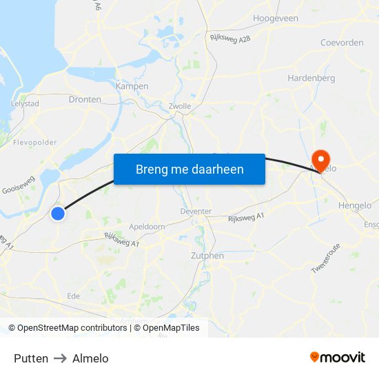 Putten to Almelo map