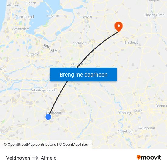 Veldhoven to Almelo map