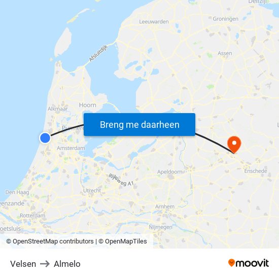 Velsen to Almelo map