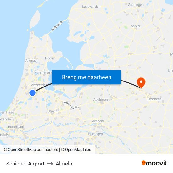Schiphol Airport to Almelo map