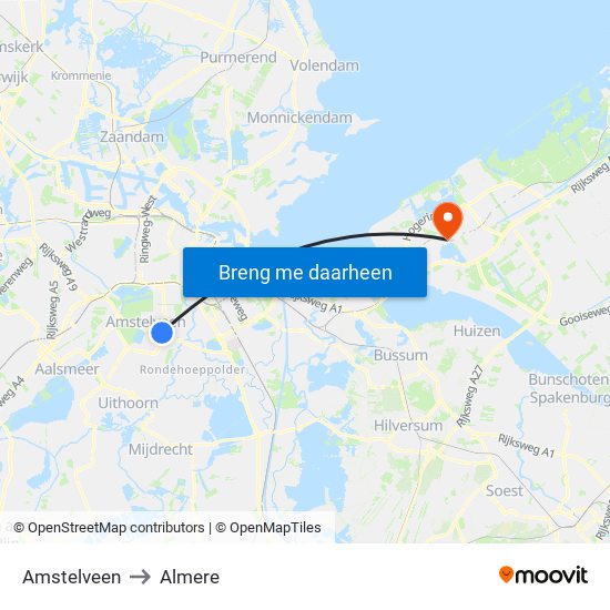 Amstelveen to Almere map