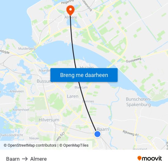 Baarn to Almere map