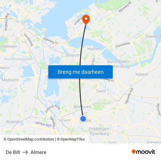 De Bilt to Almere map