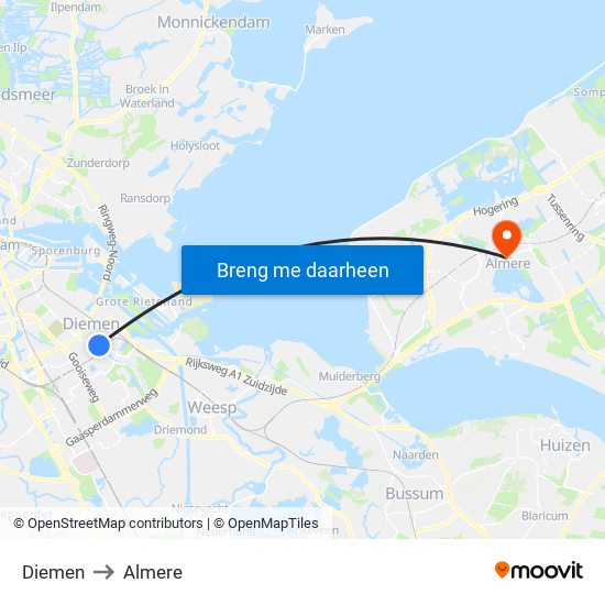 Diemen to Almere map