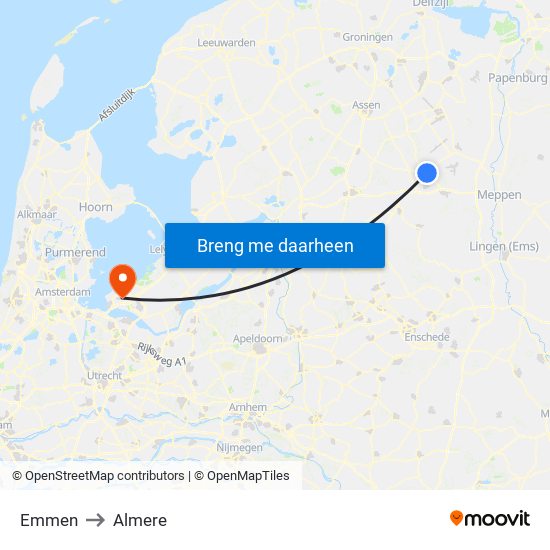 Emmen to Almere map